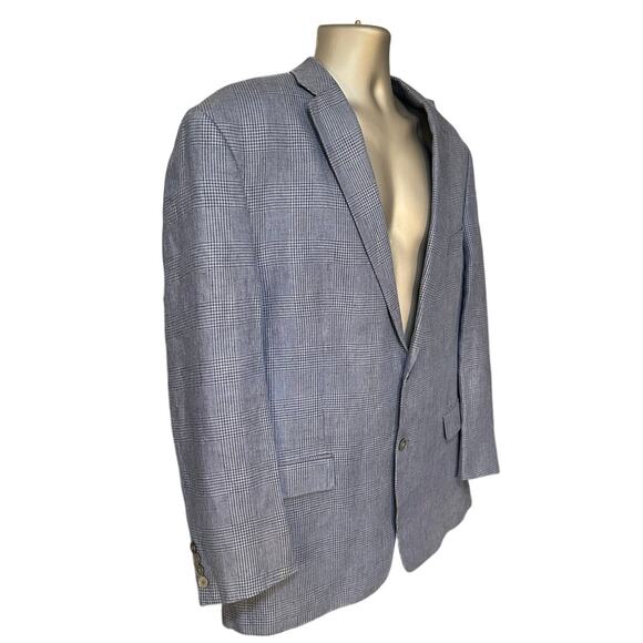 Lauren Ralph Lauren Blue Houndstooth Single Breasted Linen Blazer Size 46R - Picture 2 of 9